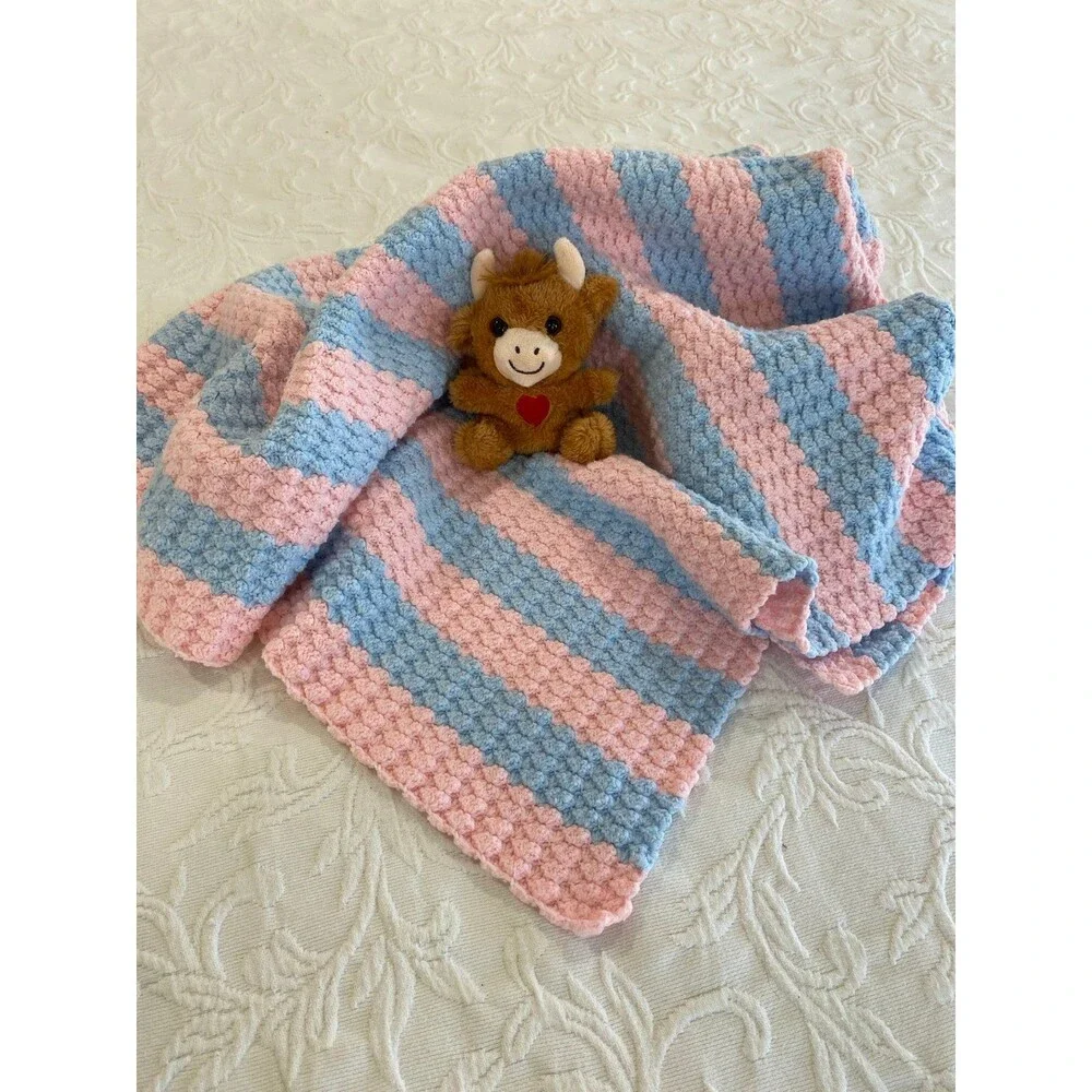 Vintage Handmade Crochet Baby‎ Afghan Pink Blue Stripes Shower Gift Christening